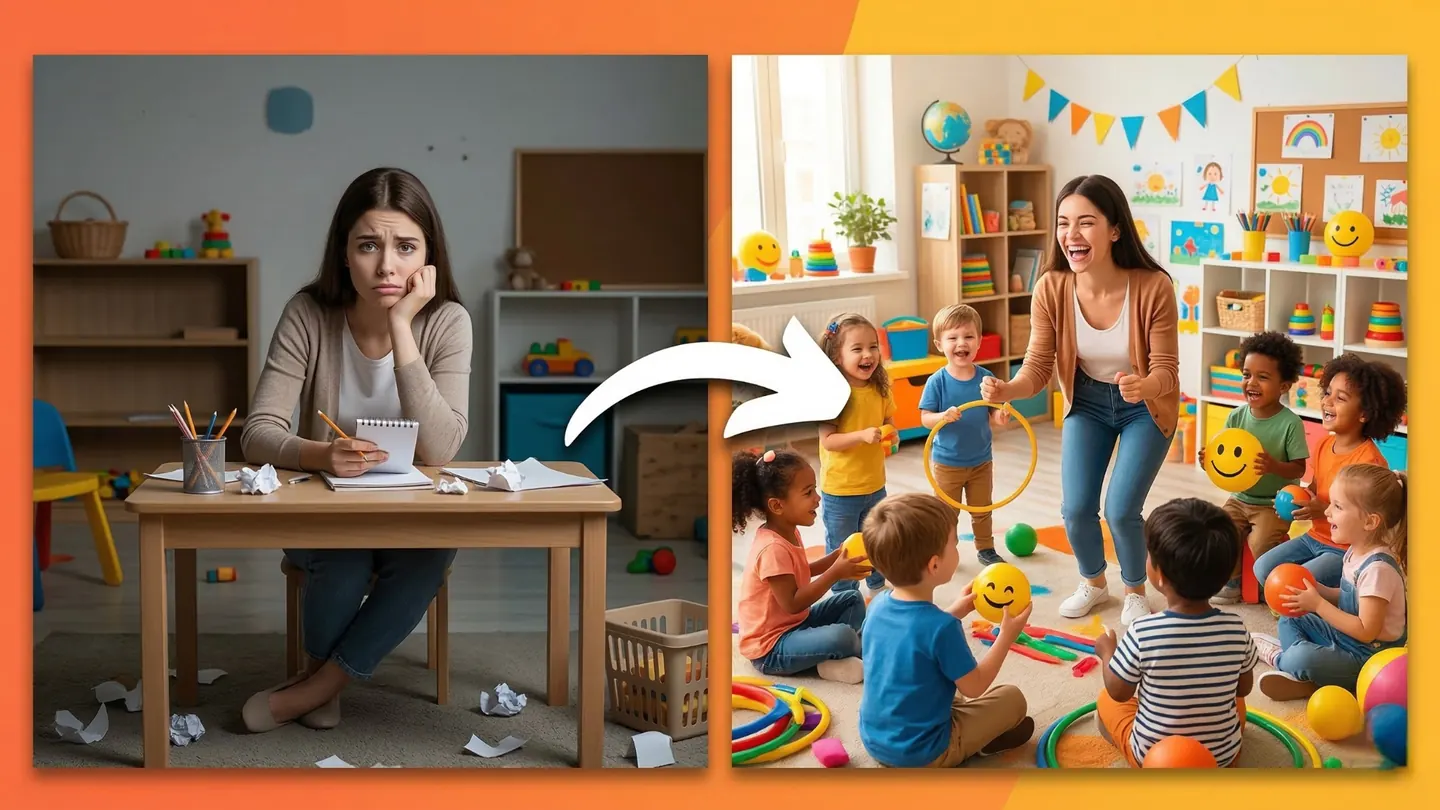 Transformação de uma professora cansada para uma turma engajada em atividade na educação infantil