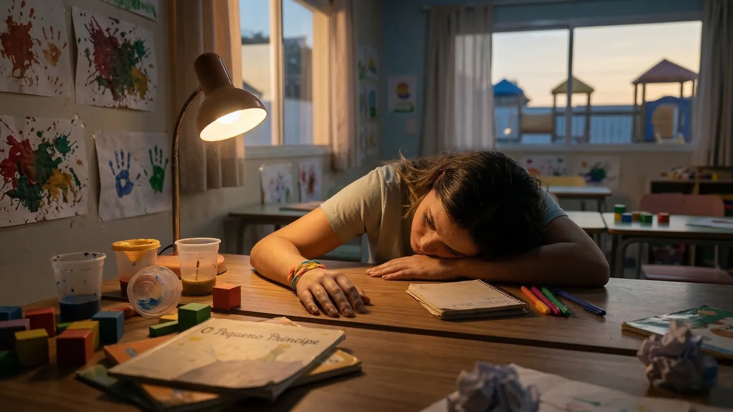 Professora cansada no fim do dia sem uma nova atividade pronta para a turma